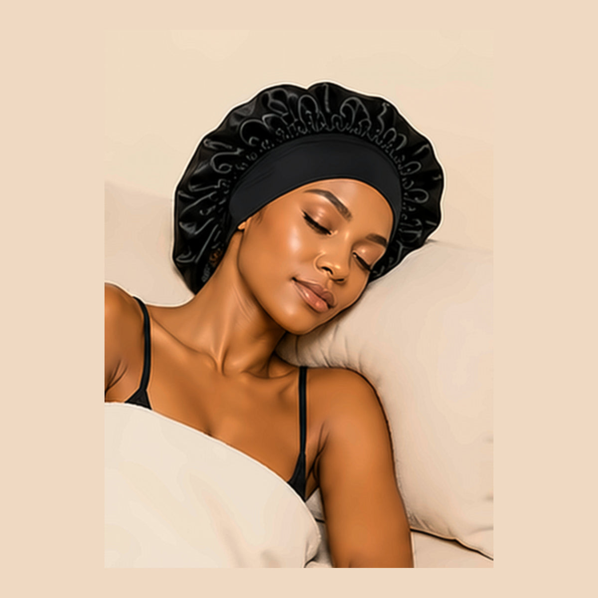 Femme endormie sur un oreiller avec son bonnet de nuit en satin noir