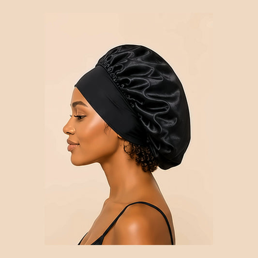 Femme de profil portant un bonnet de nuit en satin noir à bande large