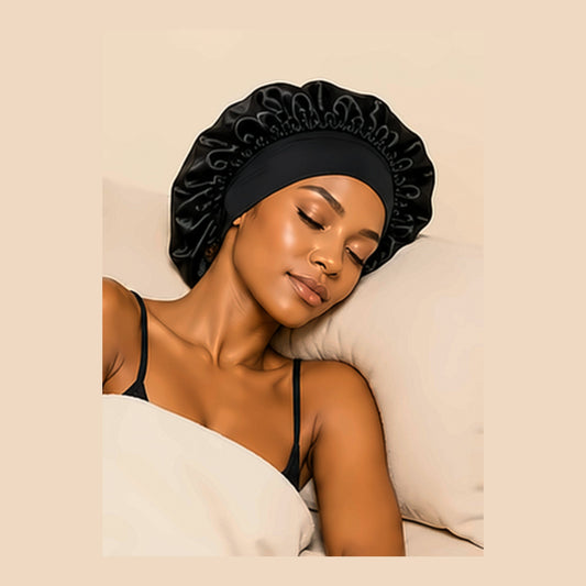 Femme endormie sur un oreiller avec son bonnet de nuit en satin noir