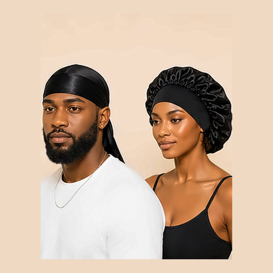 Homme portant le durag satin et femme portant le bonnet de nuit en satin noir