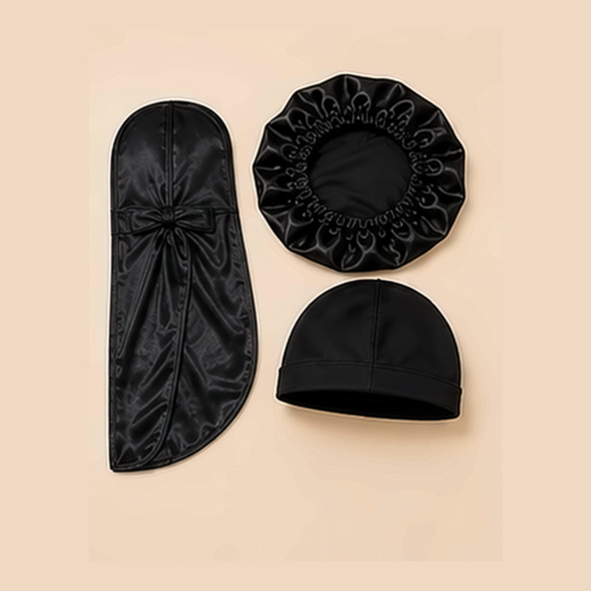 Ensemble satin noir 3 pièces : durag longue queue, bonnet de nuit et wave cap