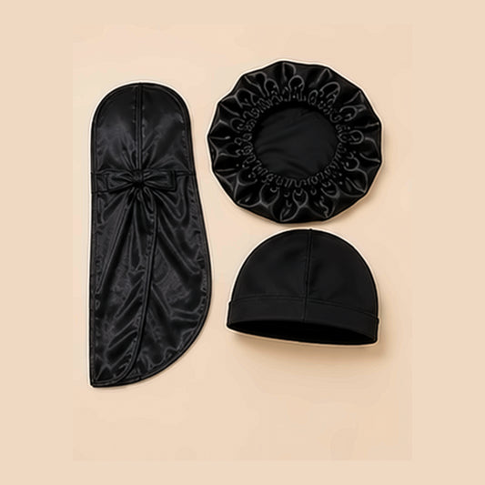 Ensemble satin noir 3 pièces : durag longue queue, bonnet de nuit et wave cap