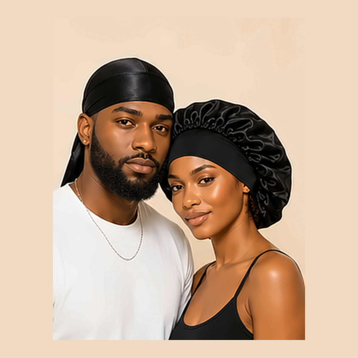 Couple portant le durag et le bonnet de nuit en satin noir de l'ensemble