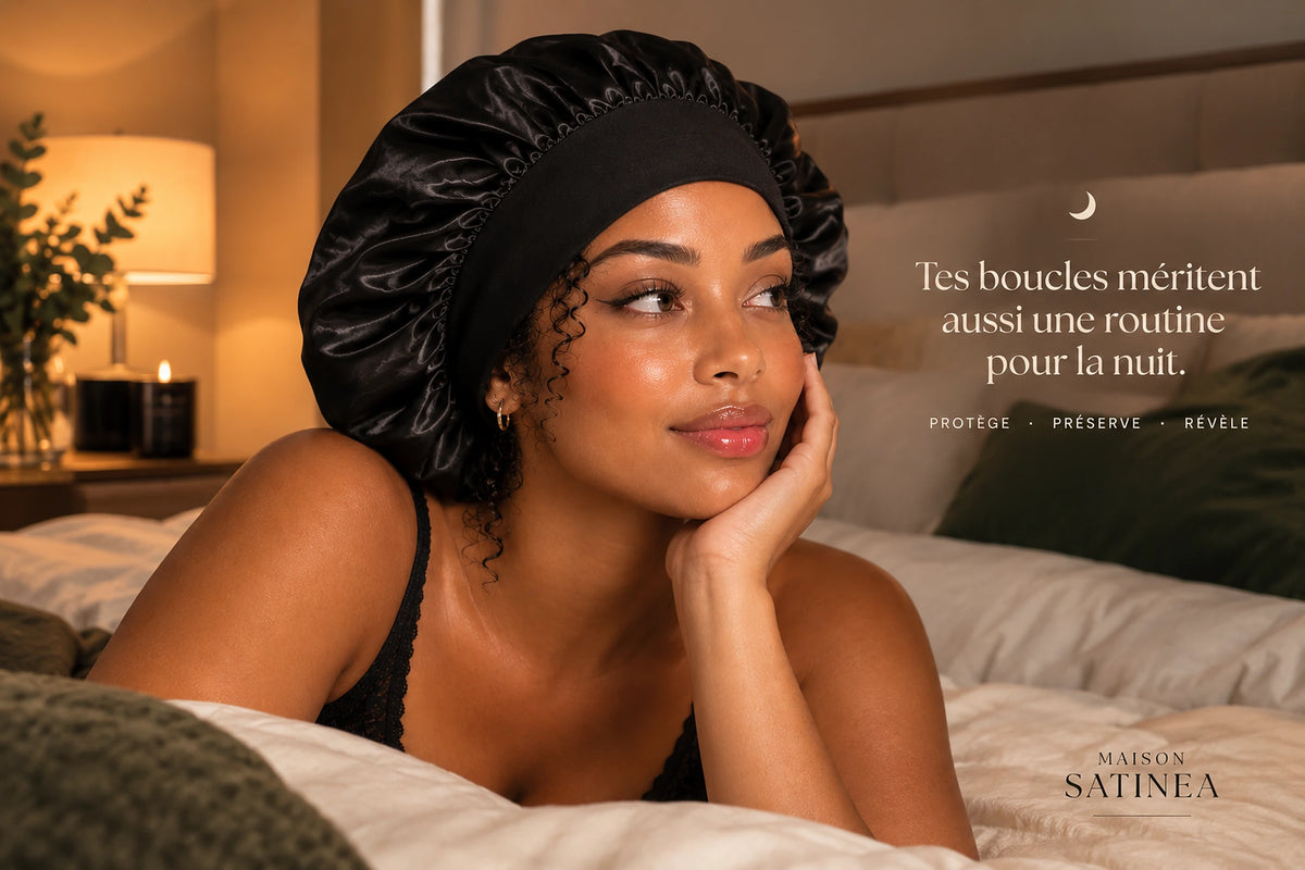Bannière Maison Satinéa — femme allongée dans son lit portant un bonnet de nuit en satin noir