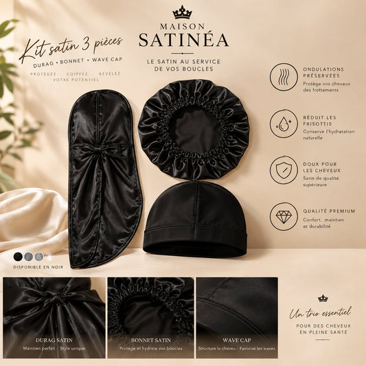 Ensemble satin 3 pièces Maison Satinéa — durag, bonnet de nuit et wave cap